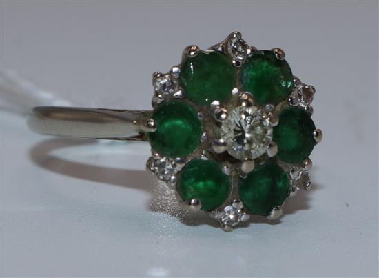 Emerald and diamond cluster ring, white metal setting